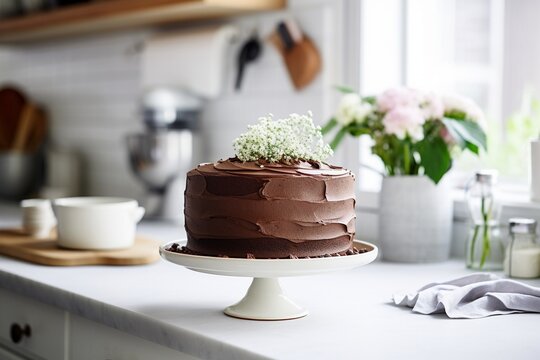 Decadent Delight: Chocolate Cake Gracing a Table in a White Kitchen, Tempting Taste Buds with Indulgence
