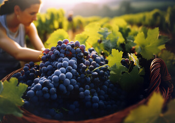 Close-up of a basket filled with bunches of grapes freshly harvested in the vineyard. A young woman works on the harvest in the background. Backlight. Generative ai