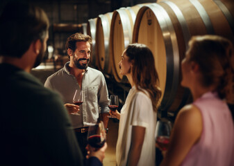 winemaker welcoming visitors to his cellar for a glass of wine tasting. Cellar with barrels in...