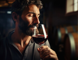 Close-up portrait of a winemaker breathing in the aromas of a red wine by holding a glass up to his nose. Cellar with barrels in background. Generative ai