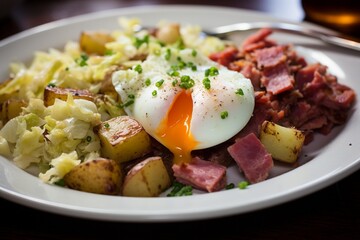 Savory Medley: Corned Beef Hash with Potatoes, Cabbage, and Carrots, a Hearty Blend of Comforting Flavors