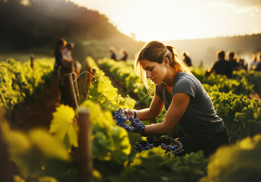 A young woman harvesting grapes in the vineyard at sunset, with her coworkers in the background. Backlight. Generative ai