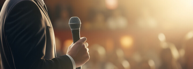 The hands of a politician in a suit holding a microphone