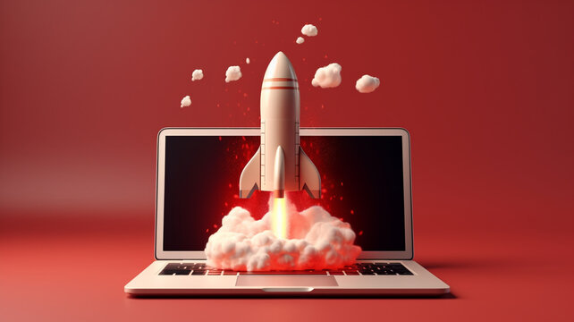 A Startup rocket launching from a Laptop