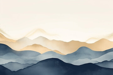 Minimal landscape art with watercolor brush and golden line art texture