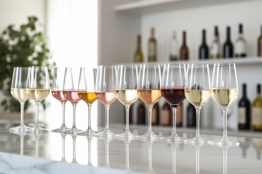 Wine Connoisseur's Palette: Flight of Wine Set for Tasting, Arranged on a Counter in a Chic White Kitchen