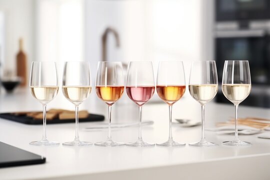 Wine Connoisseur's Palette: Flight of Wine Set for Tasting, Arranged on a Counter in a Chic White Kitchen