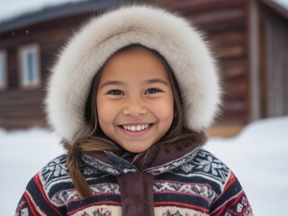Eskimo child girl. Winter portrait.