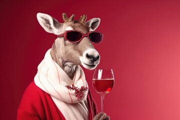 Portrait of a funny Christmas reindeer wearing red sunglasses with a glass of red wine in his paw on a red background.