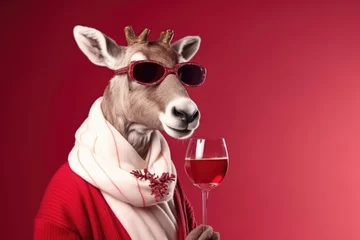 Deurstickers Portrait of a funny Christmas reindeer wearing red sunglasses with a glass of red wine in his paw on a red background. © Владимир Солдатов