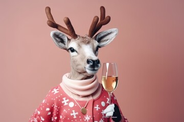 Portrait of a funny Christmas reindeer wearing a sweater with a champagne glass in his hand on a pink pastel background. - obrazy, fototapety, plakaty