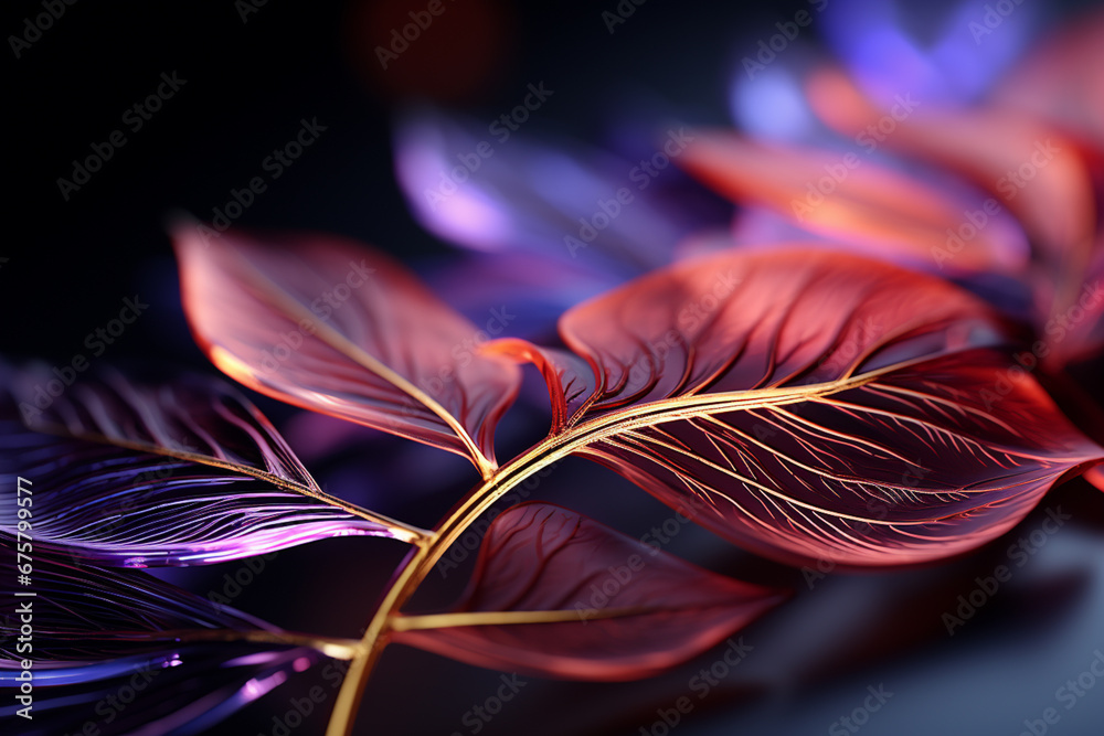 Poster Close up Beautiful abstract leaf in light. Minimalism modern style concept. Dark Background pattern for design. 