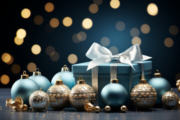 Christmas Theme. Blue Background with  golden christmas baubles, gifts decoration  and stars, - 675799751