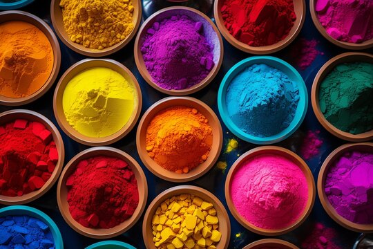 Holi Hues: Overhead View of Vibrant Neon Color Powders in Small Bowls, Ready for Festive Celebrations