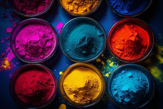 Holi Hues: Overhead View of Vibrant Neon Color Powders in Small Bowls, Ready for Festive Celebrations