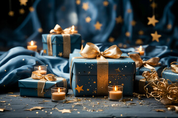 Christmas Theme. Blue Background with  golden christmas baubles, gifts decoration  and stars, - 675799915