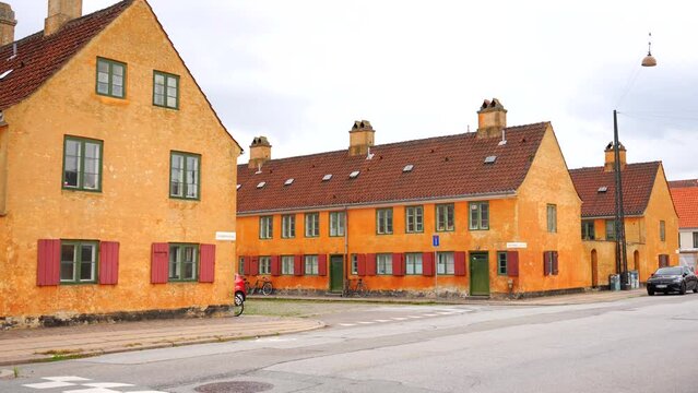 Marine's yellow houses of historic Nyboder row district, Copenhagen. Panning
