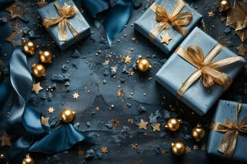 Christmas Theme. Blue Background with  golden christmas baubles, gifts decoration  and stars, - 675800175