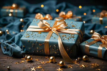 Christmas Theme. Blue Background with  golden christmas baubles, gifts decoration  and stars, - 675800342