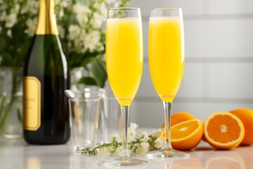 Bubbly Bliss: Mimosa Cocktails in Flute Glasses on Countertop