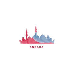 Obraz premium Ankara watercolor cityscape skyline city panorama vector flat modern logo, icon. Turkey town emblem concept with landmarks and building silhouettes. Isolated graphic