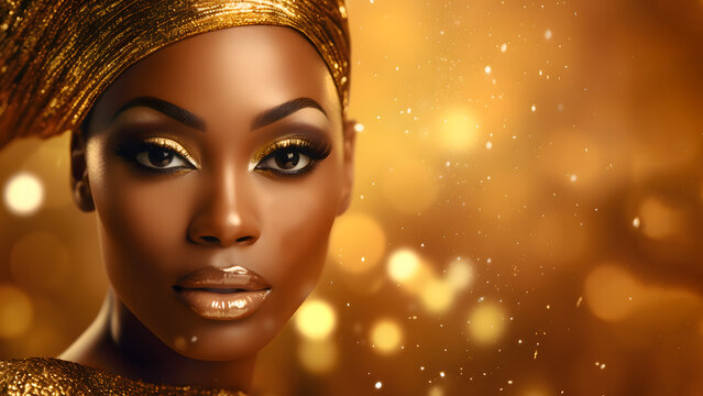 Portrait of African American woman on golden elegant bokeh background. Copy space.