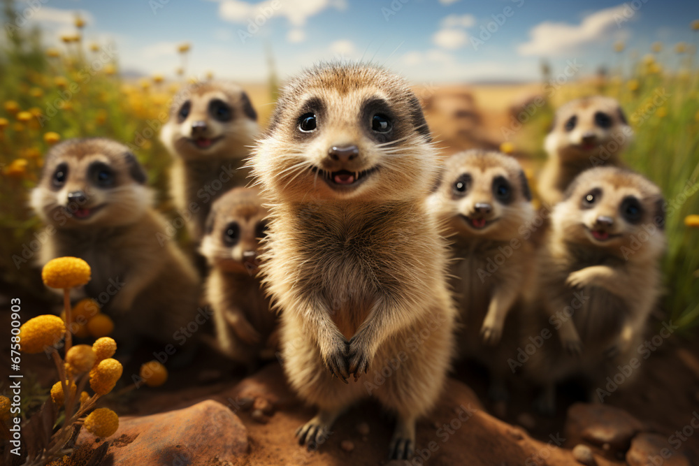 Poster he playful interaction between a group of meerkats, showcasing their social dynamics and vigilant na