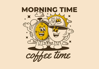 Morning time, coffee time. Mascot character of coffee cup, alarm clock and a sun
