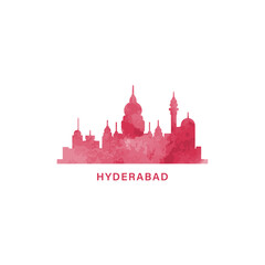 Hyderabad watercolor cityscape skyline city panorama vector flat modern logo, icon. India, Telangana state town emblem concept with landmarks and building silhouettes. Isolated graphic