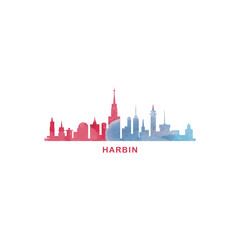 Fototapeta premium Harbin watercolor cityscape skyline city panorama vector flat modern logo, icon. China metropolis emblem concept with landmarks and building silhouettes. Isolated graphic