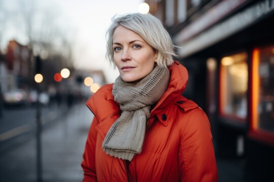 Portrait of a middle-aged woman in a red jacket and scarf on a city street.