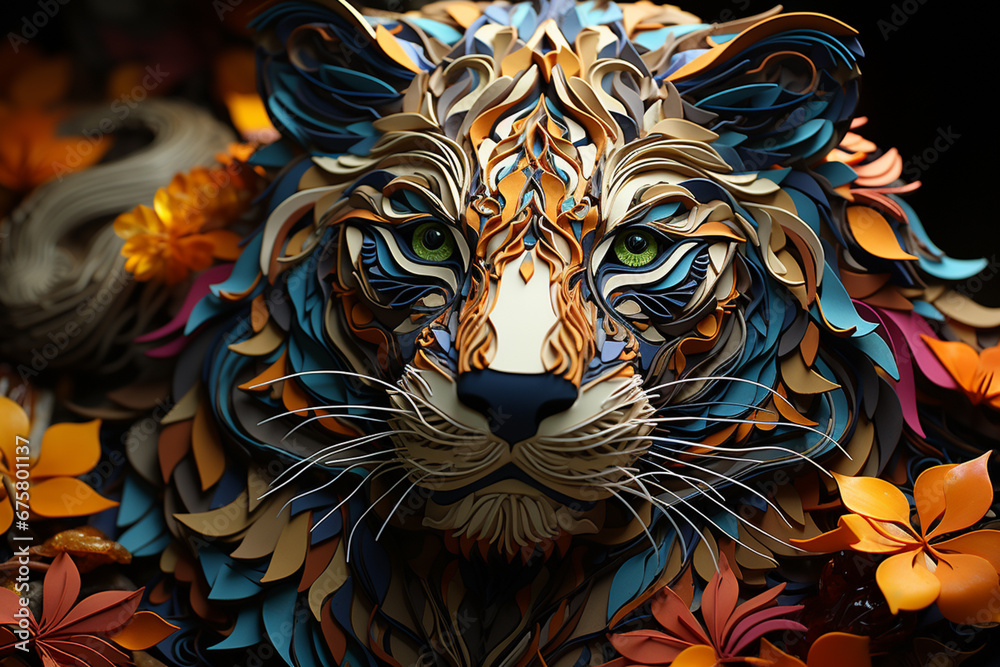 Poster a complex, multi-layered pattern of interlocking shapes that resembles a saber-toothed tiger face.