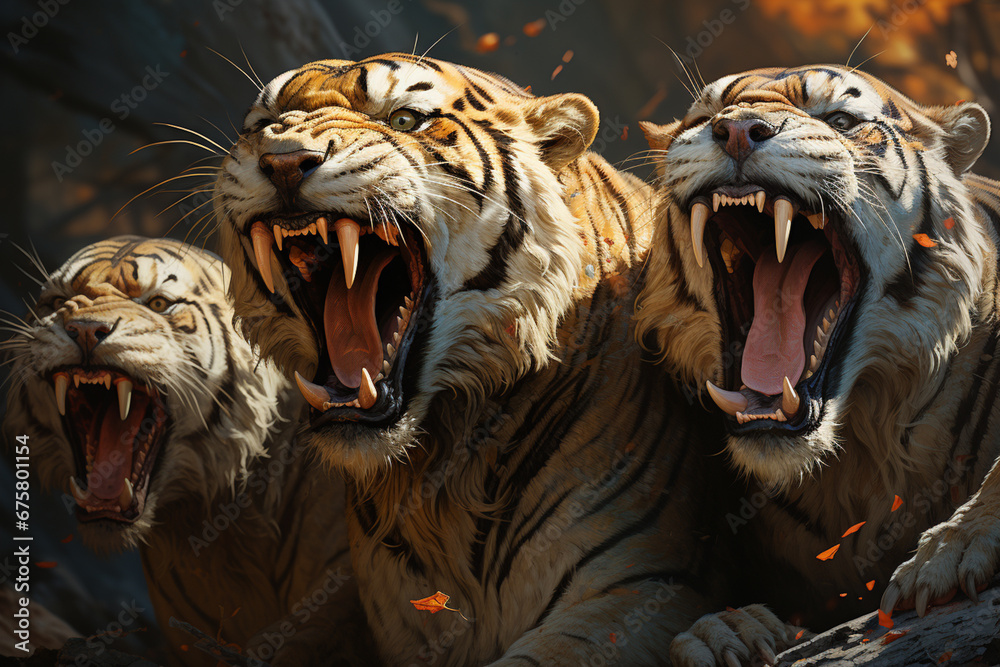 Poster he playful interaction between a group of saber-toothed tiger, showcasing their social dynamics and 