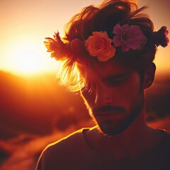 man with flowers  on sunset in the morning