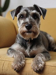 Cute Schnauzer dog sitting on sofa