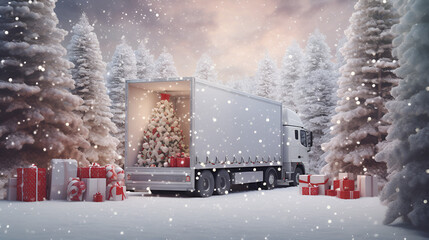 open white cargo truck with christmas trees & gifts inside