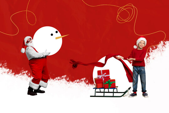 Creative template graphics collage image of santa little helper building x-mas snow man isolated colorful red background