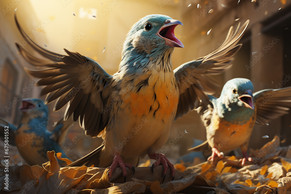 Poster he playful interaction between a group of passenger pigeon, showcasing their social dynamics and vig