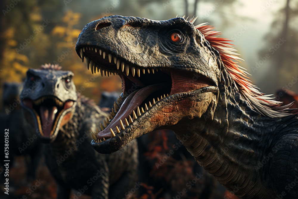Poster he playful interaction between a group of velociraptor, showcasing their social dynamics and vigilan