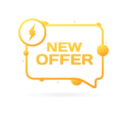 New offer sign. Flat, yellow, message bubble, new offer sign, lightning icon. Vector icon