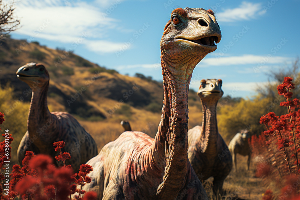 Poster He playful interaction between a group of Brachiosaurus, showcasing their social dynamics and vigilant nature.  