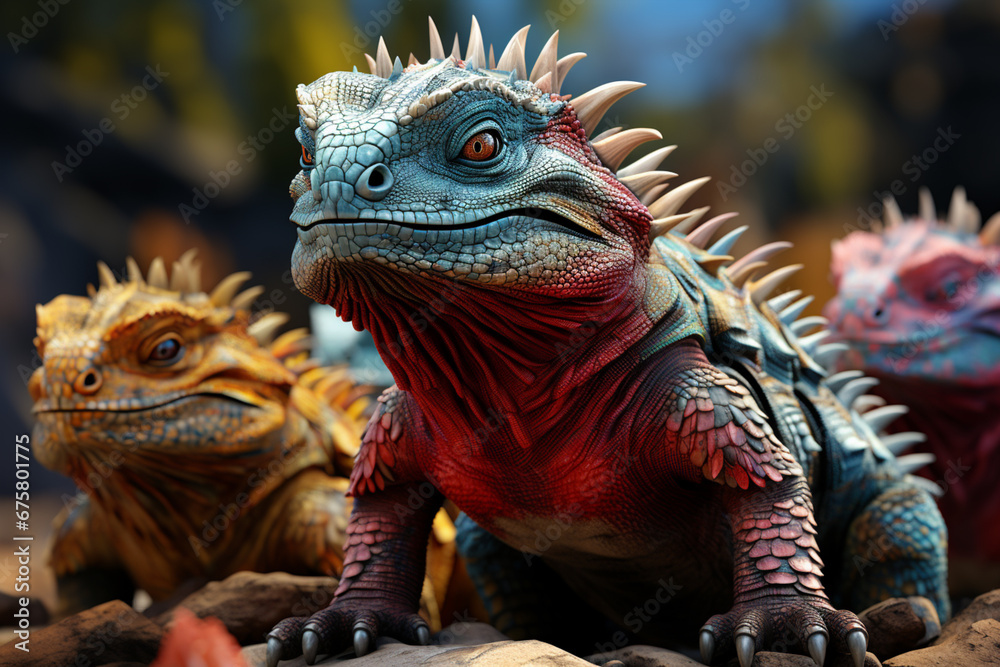 Poster e playful interaction between a group of ankylosaurus, showcasing their social dynamics and vigilant