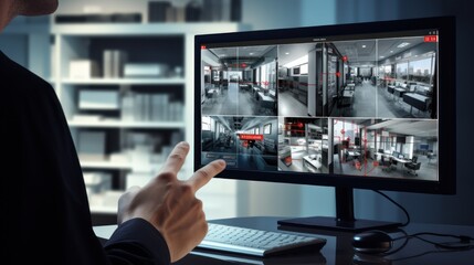 man with radio and screen to check cctv in virtual office, security system concept