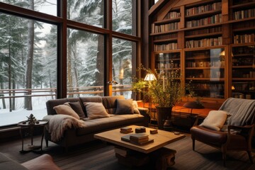 The interior of the winter room with books, wooden furniture and views of the snowy landscape creates a warm atmosphere. - obrazy, fototapety, plakaty