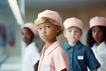 A diverse group of children and adults in a school setting depic