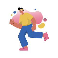 Mental health concept with people scene in the flat cartoon design. The guy is doing his favorite thing - running, it cheers him up. Vector illustration.
