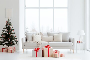 Festive, beautifully decorated living room with a Christmas tree, cozy furniture and a festive mood.