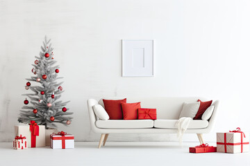 A festively decorated living room with a beautiful Christmas tre - obrazy, fototapety, plakaty