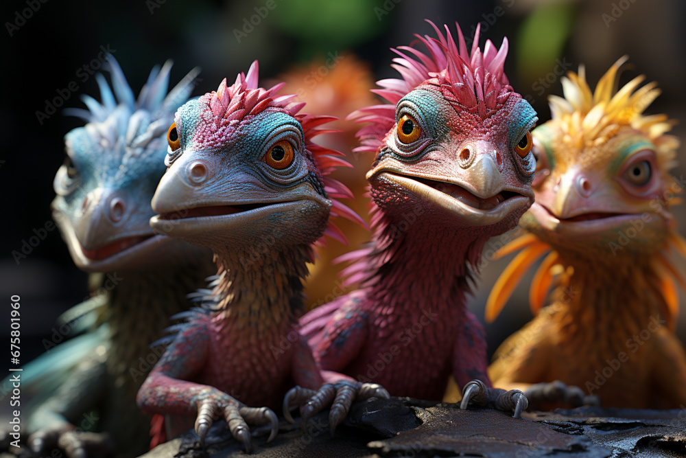 Poster he playful interaction between a group of dilophosaurus, showcasing their social dynamics and vigila