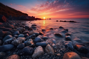 Very nice sunset on a beach with many rocks - obrazy, fototapety, plakaty